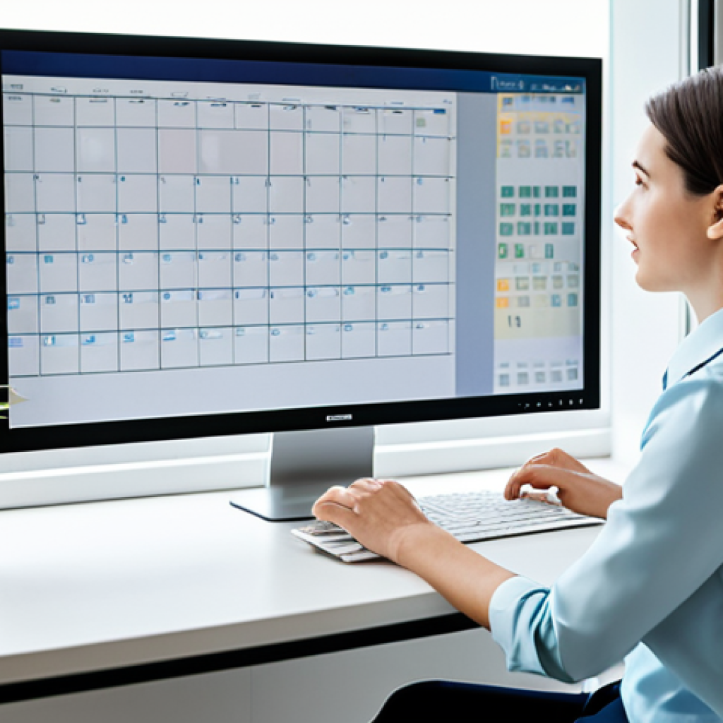 A calm and composed professional woman in a modest business casual outfit, seated at a clean, modern desk, looking serenely at a large digital calendar display on a sleek monitor. Her hands rest gently on the keyboard, conveying organized control and efficiency. The background features a bright, minimalist home office with natural light, a potted plant, and a blurred cityscape outside the window. fully clothed, appropriate attire, professional dress, safe for work, appropriate content, family-friendly, perfect anatomy, correct proportions, natural pose, well-formed hands, proper finger count, natural body proportions, high-resolution, professional photography, soft lighting, sharp focus.