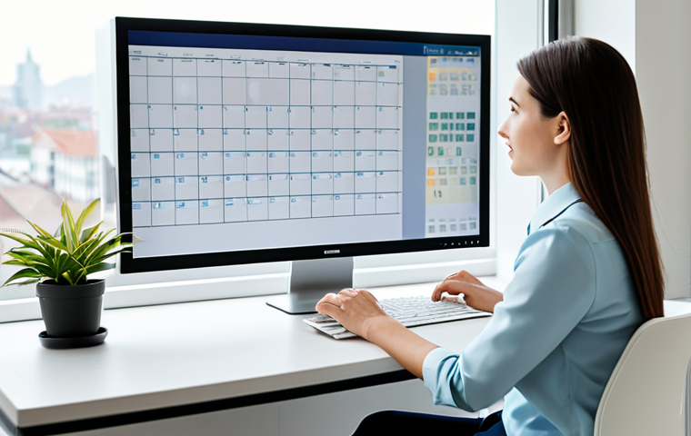 A calm and composed professional woman in a modest business casual outfit, seated at a clean, modern desk, looking serenely at a large digital calendar display on a sleek monitor. Her hands rest gently on the keyboard, conveying organized control and efficiency. The background features a bright, minimalist home office with natural light, a potted plant, and a blurred cityscape outside the window. fully clothed, appropriate attire, professional dress, safe for work, appropriate content, family-friendly, perfect anatomy, correct proportions, natural pose, well-formed hands, proper finger count, natural body proportions, high-resolution, professional photography, soft lighting, sharp focus.