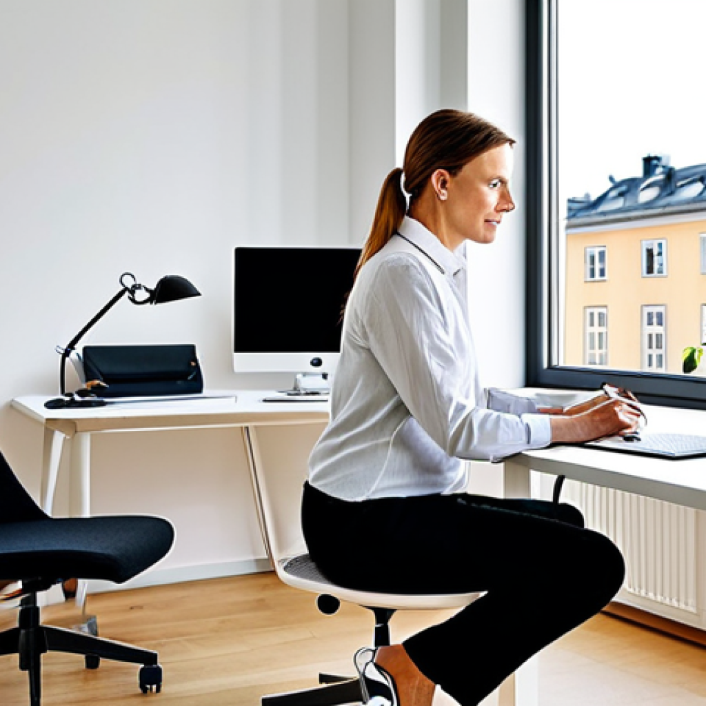 Ergonomic Home Office**

"A brightly lit home office in a modern Swedish apartment. A woman in her 30s, fully clothed in comfortable, professional attire (e.g., a blouse and trousers or a simple dress), works at a h&ouml;j- och s&auml;nkbart skrivbord (adjustable height desk) with an external monitor. She is sitting in an ergonomic chair with good back support. The scene emphasizes proper posture, good lighting, and a clutter-free workspace. Include elements like a plant, a stylish lamp, and perhaps a glimpse of a Stockholm cityscape through the window. Safe for work, appropriate content, fully clothed, professional, perfect anatomy, natural proportions, family-friendly, high-resolution, realistic rendering."

**