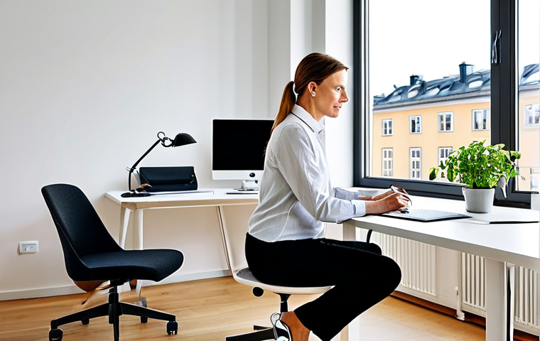 Ergonomic Home Office**
"A brightly lit home office in a modern Swedish apartment. A woman in her 30s, fully clothed in comfortable, professional attire (e.g., a blouse and trousers or a simple dress), works at a höj- och sänkbart skrivbord (adjustable height desk) with an external monitor. She is sitting in an ergonomic chair with good back support. The scene emphasizes proper posture, good lighting, and a clutter-free workspace. Include elements like a plant, a stylish lamp, and perhaps a glimpse of a Stockholm cityscape through the window. Safe for work, appropriate content, fully clothed, professional, perfect anatomy, natural proportions, family-friendly, high-resolution, realistic rendering."
**