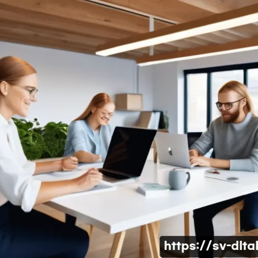 디지털 도구 활용의 최신 트렌드 - A modern Scandinavian office environment with a diverse team of professionals collaborating seamless...