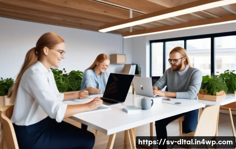 디지털 도구 활용의 최신 트렌드 - A modern Scandinavian office environment with a diverse team of professionals collaborating seamless...