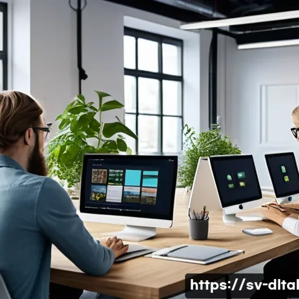디지털 도구 사용 시 발생할 수 있는 문제와 해결책 - A modern Scandinavian office environment showing a diverse team of professionals collaboratively tro...