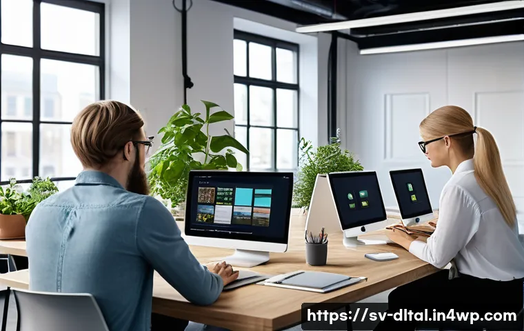 디지털 도구 사용 시 발생할 수 있는 문제와 해결책 - A modern Scandinavian office environment showing a diverse team of professionals collaboratively tro...