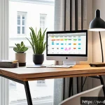 생산성 향상을 위한 필수 디지털 도구 - A modern Scandinavian home office setting with a sleek wooden desk, a laptop displaying a digital ta...
