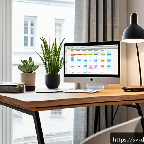 생산성 향상을 위한 필수 디지털 도구 - A modern Scandinavian home office setting with a sleek wooden desk, a laptop displaying a digital ta...