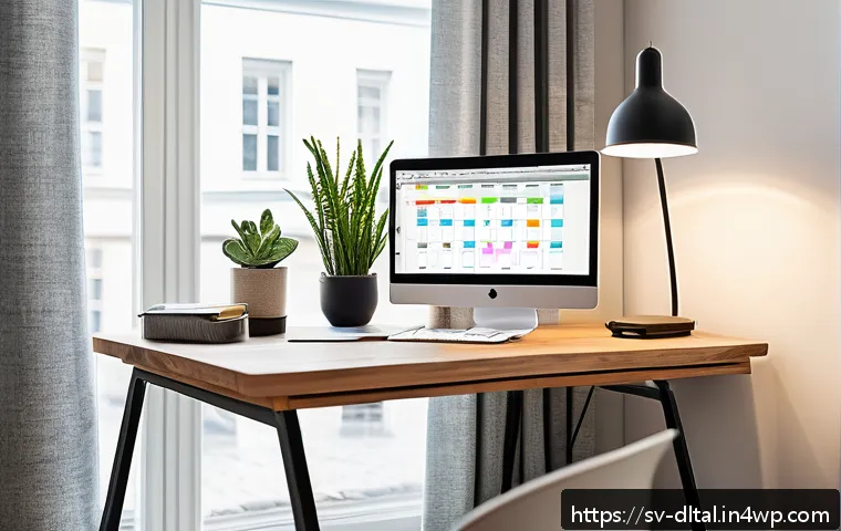 생산성 향상을 위한 필수 디지털 도구 - A modern Scandinavian home office setting with a sleek wooden desk, a laptop displaying a digital ta...