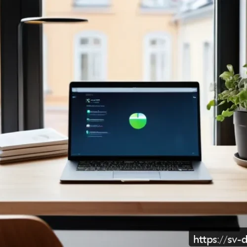 디지털 도구의 지속적인 업데이트와 유지 관리 - A modern Swedish home office scene featuring a sleek laptop displaying a software update screen in S...