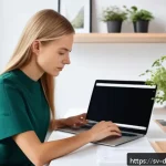 디지털 도구의 기능 비교 및 선택 가이드 - A modern Scandinavian home office scene with a young professional woman using a sleek laptop, surrou...